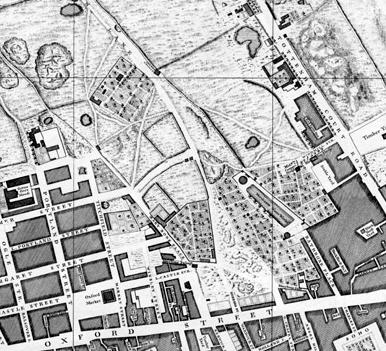 The area north of Oxford Street was barely developed in the mid 18th century. (Section of John Rocque map, 1746)