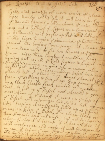 A recipe for Irish sack from The Cookbook of Unknown Ladies