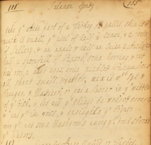 A recipe for a salmagundi or "salamon gondy", an 18th century salad with chopped poultry, fish, eggs and onions.