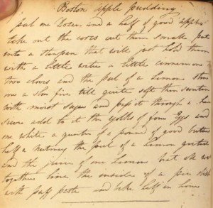 Recipe for Boston Apple Pudding, as transcribed from The Cook's Oracle in our Cookbook of Unknown Ladies