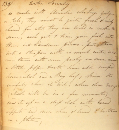 William Kitchiner's recipe for water souchy, a fish broth, transcribed in The Cookbook of Unknown Ladies