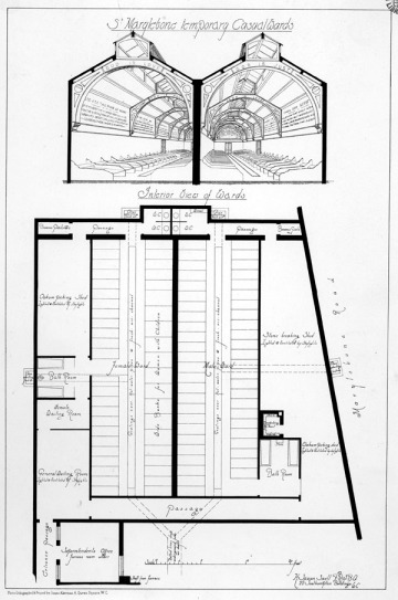 Plan of St Marylebone Workhouse in 1881, showing the separation of male and female dormitories (wards)